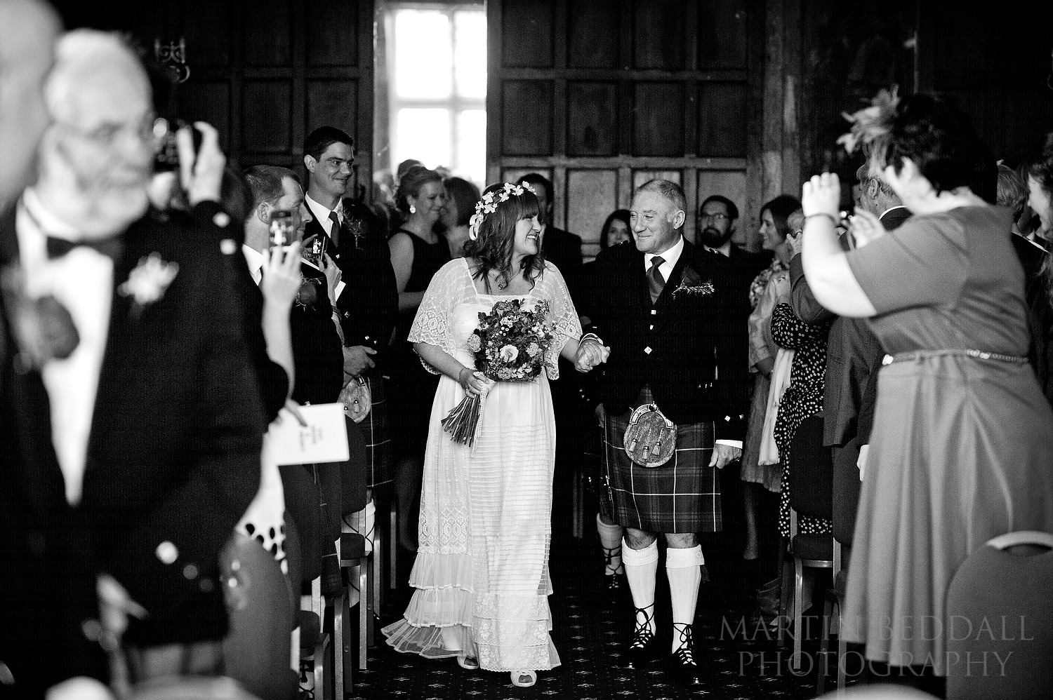 Bride and her father in the ceremony room at Bisham Abbey