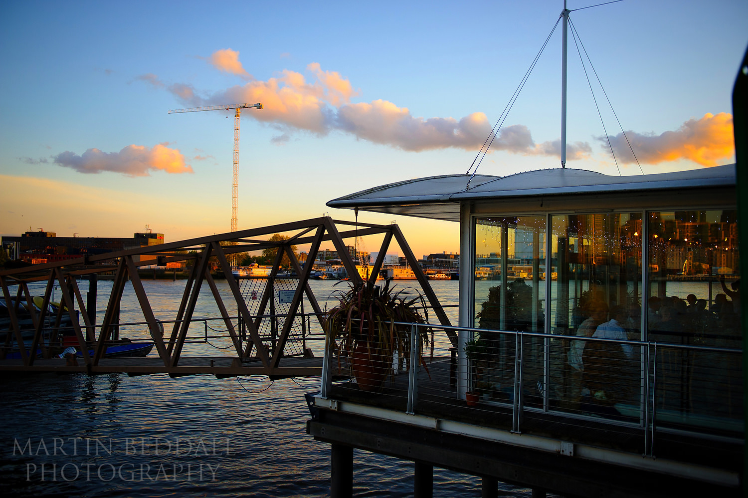 Evening light at Westminster Boating Base wedding reception