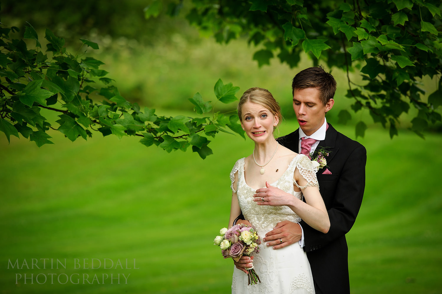 Bee lands on bride during portrait session