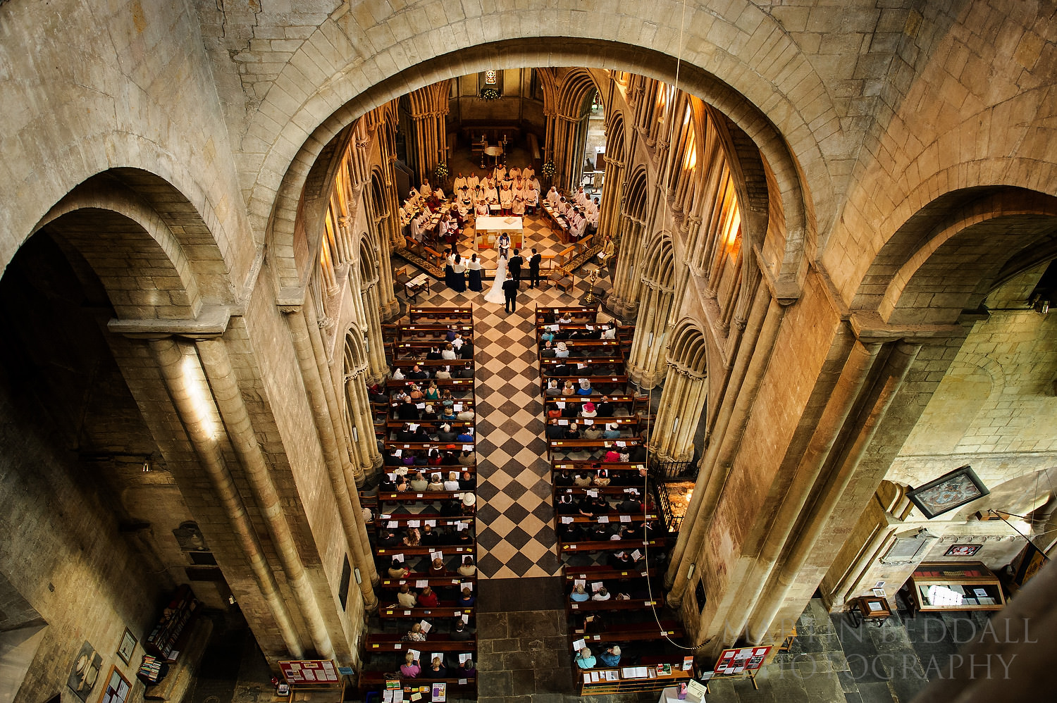 View of Pershore Abbey wedding ceremony from the top of the tower