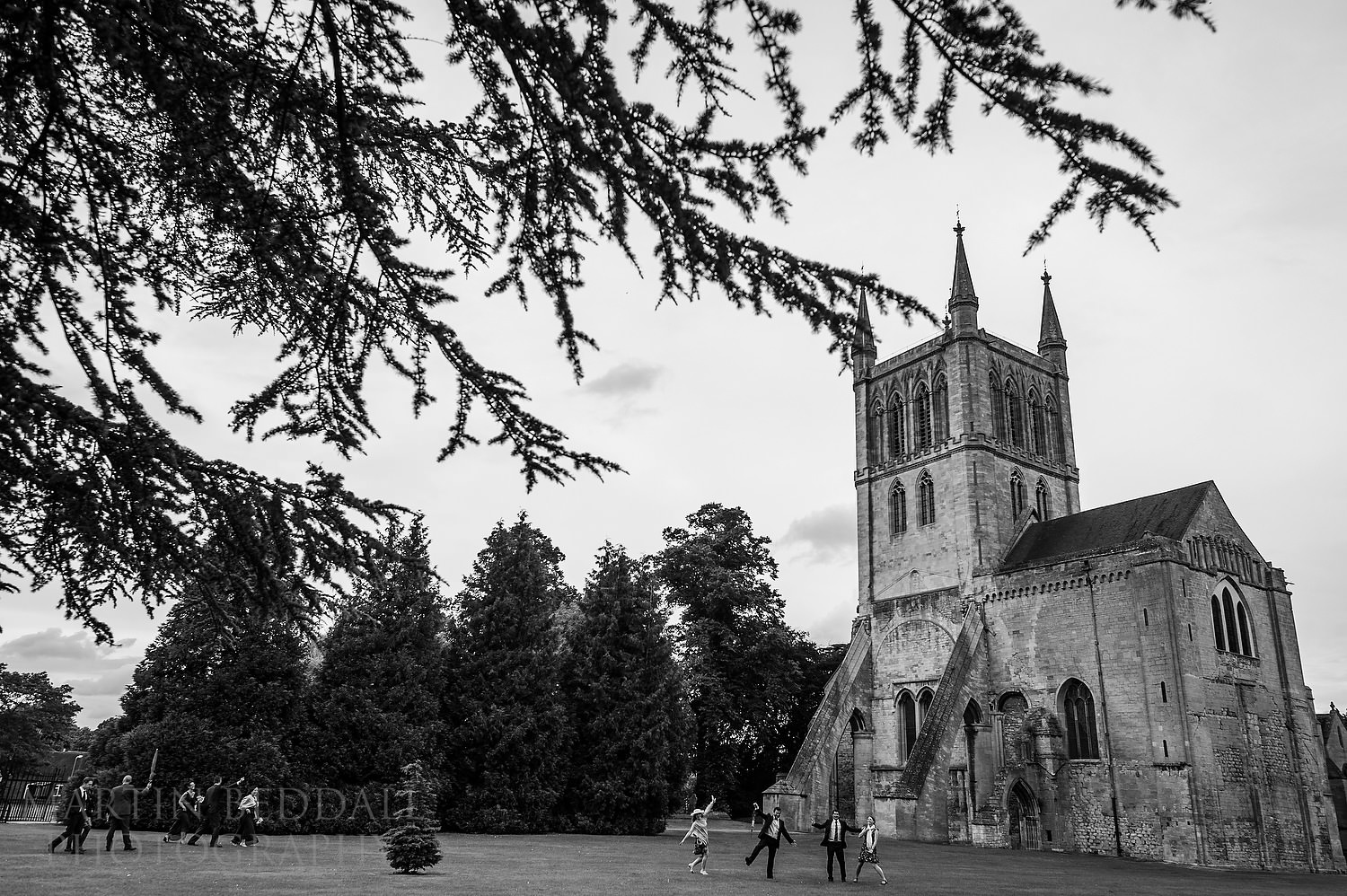 Wedding guests head to the restaurant from Pershore Abbey