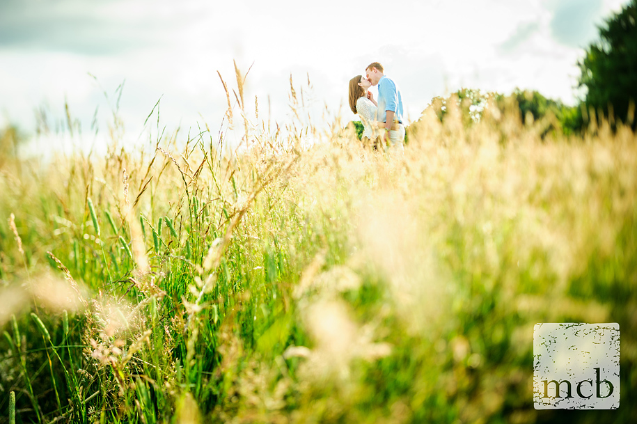 Pre-wedding shoot Couple kissing shoot low in the grass on Hampstead Heath