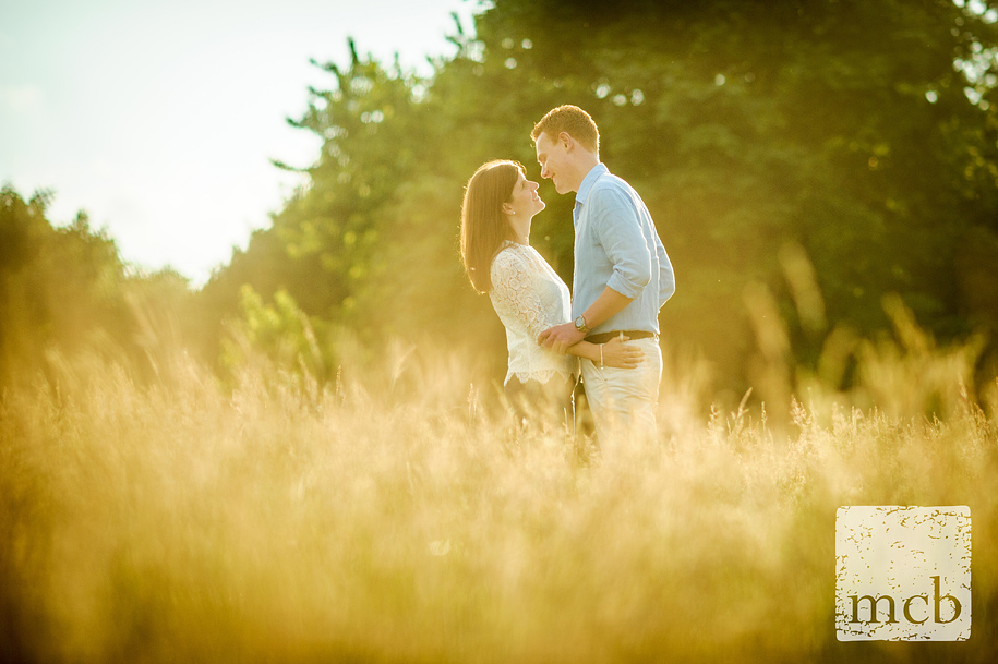 London Pre-wedding shoot Couple bathed in the evening glow on Hampstead Heath