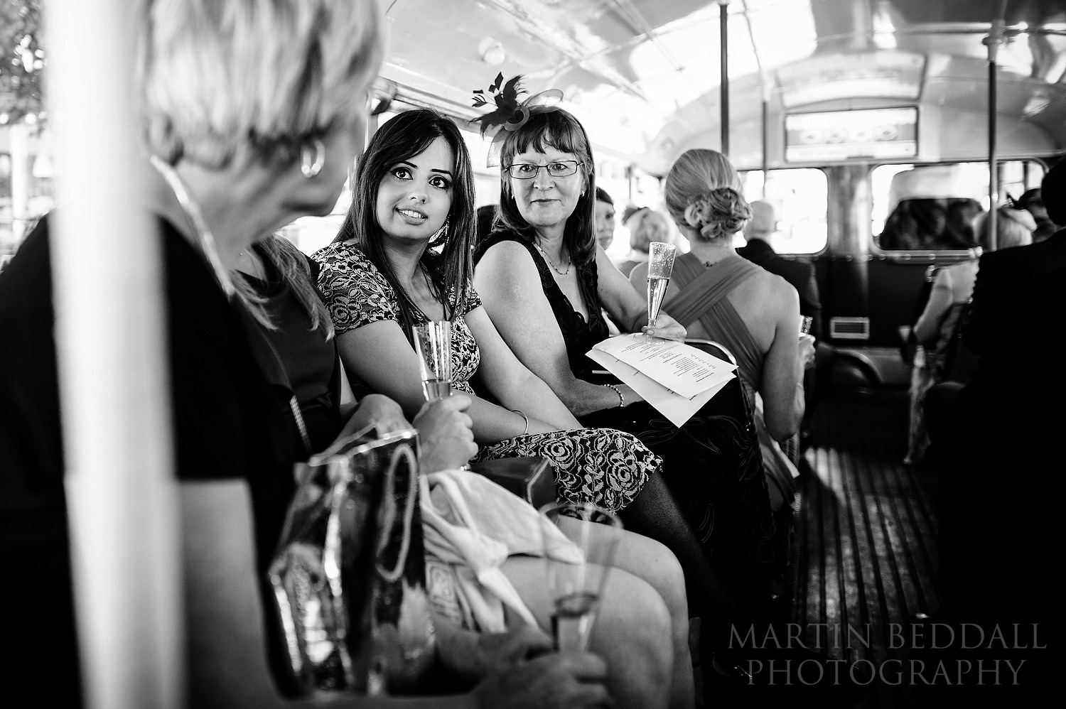 Guests on the London wedding bus