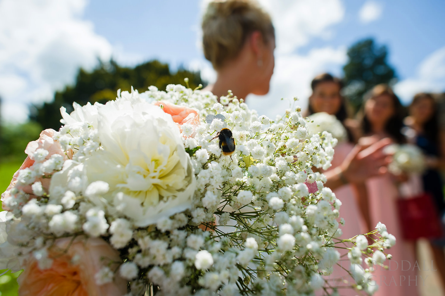 Bumblebee lands on the bride's wedding bouquet