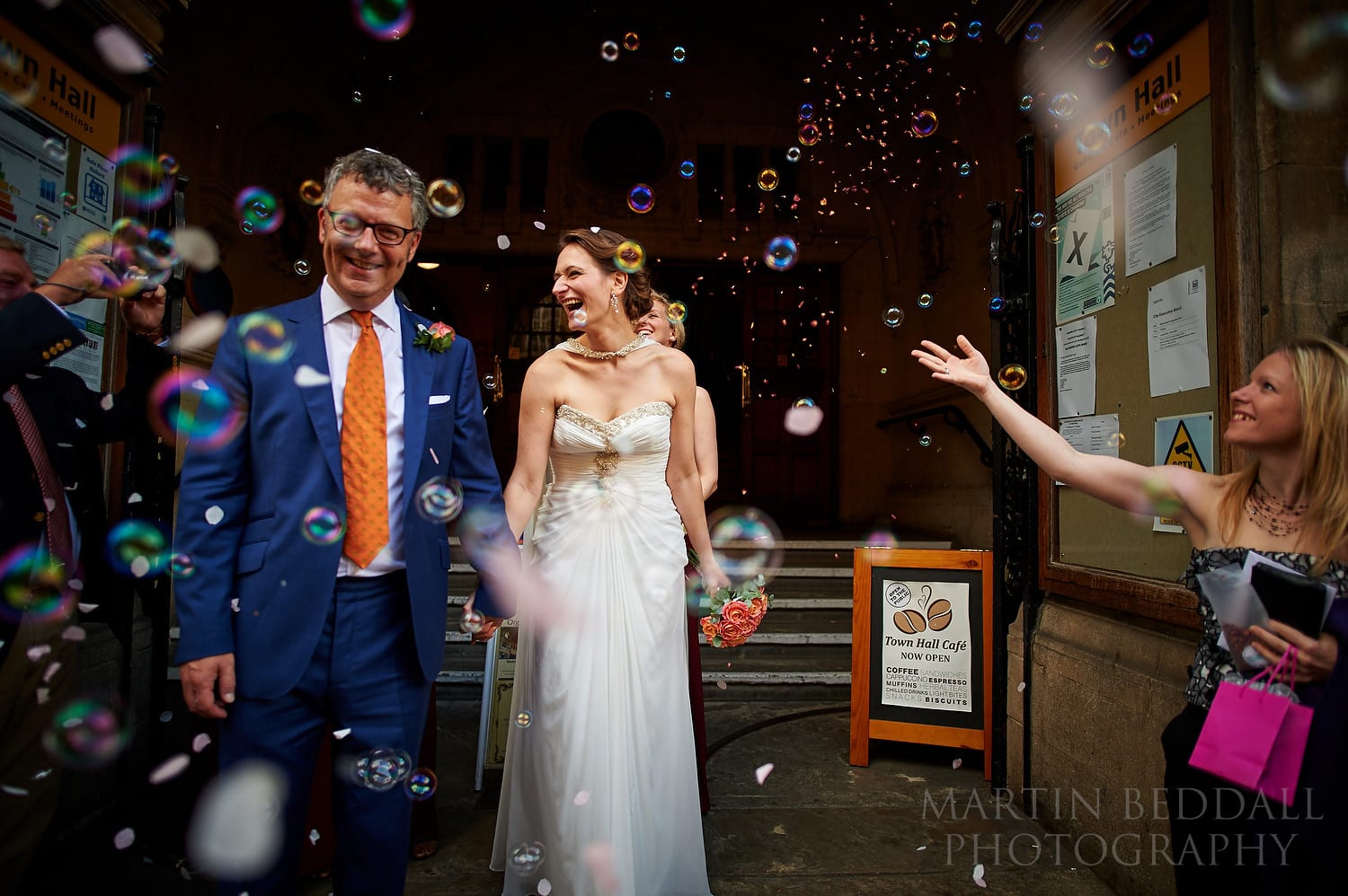 Bubbles on the steps of Oxford Town Hall