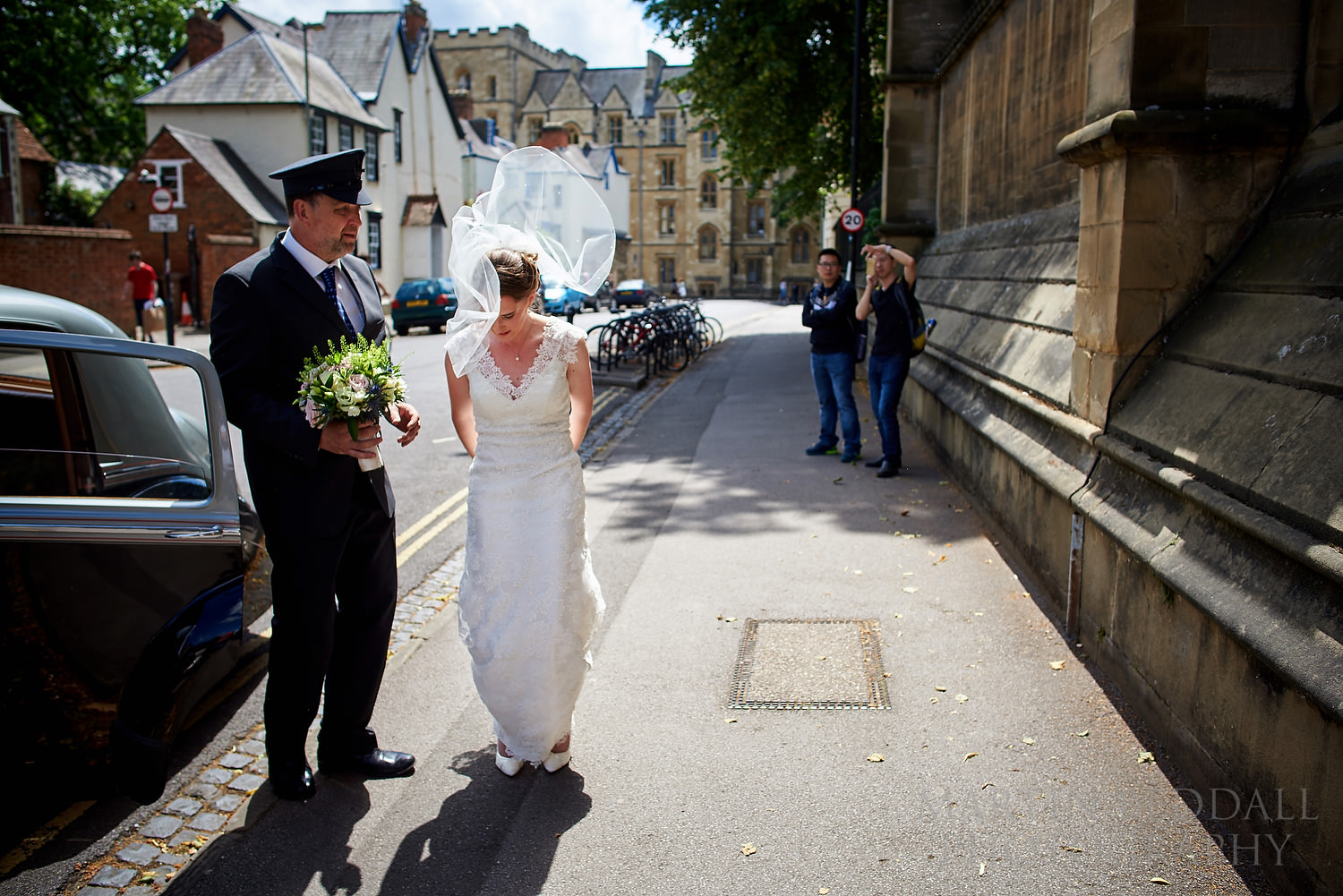 Windy veil at Oxford wedding
