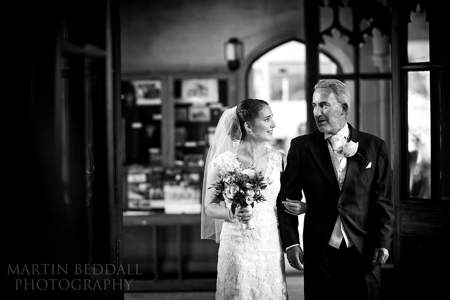 Bride and her father before entering the College chapel 