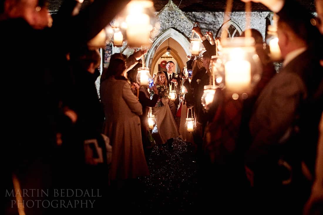 lantern lineup for the bride and groom instead of confetti