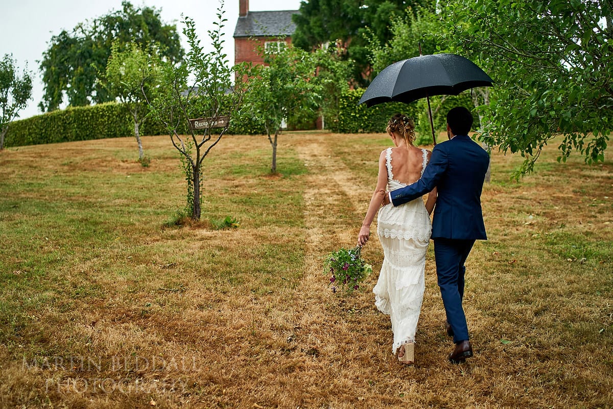 Bride and groom walking to the wedding reception