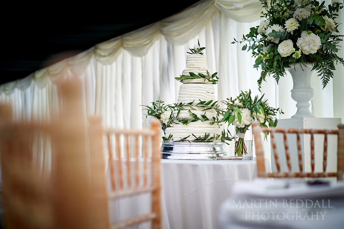 Wedding cake at Marquee in the garden wedding