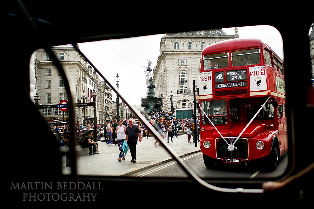 London wedding buses in Piccadilly Circus