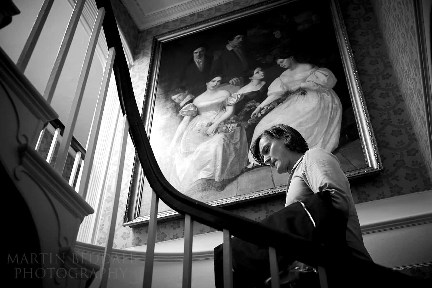 Groom heads upstairs to change