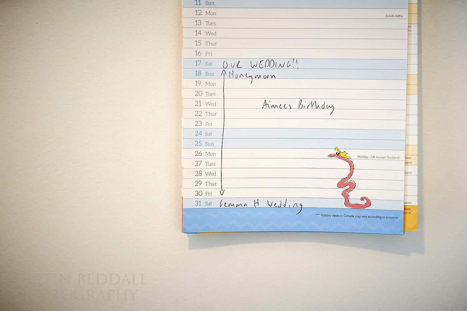 Wedding date marked on the kitchen calendar