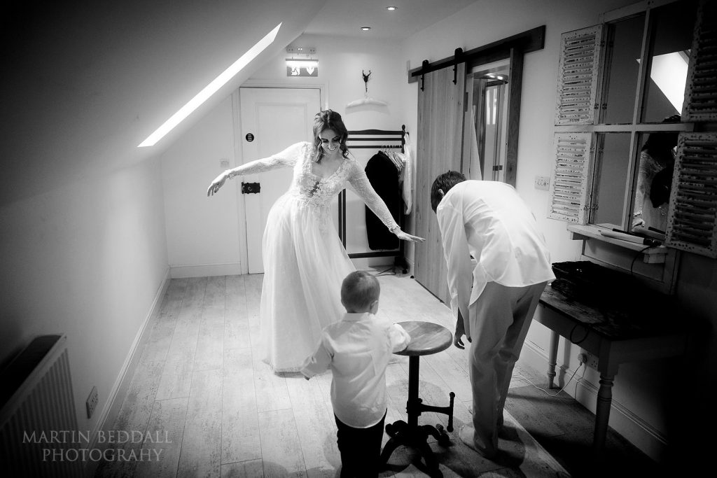 Bride in her wedding dress at Two Woods Estate loft