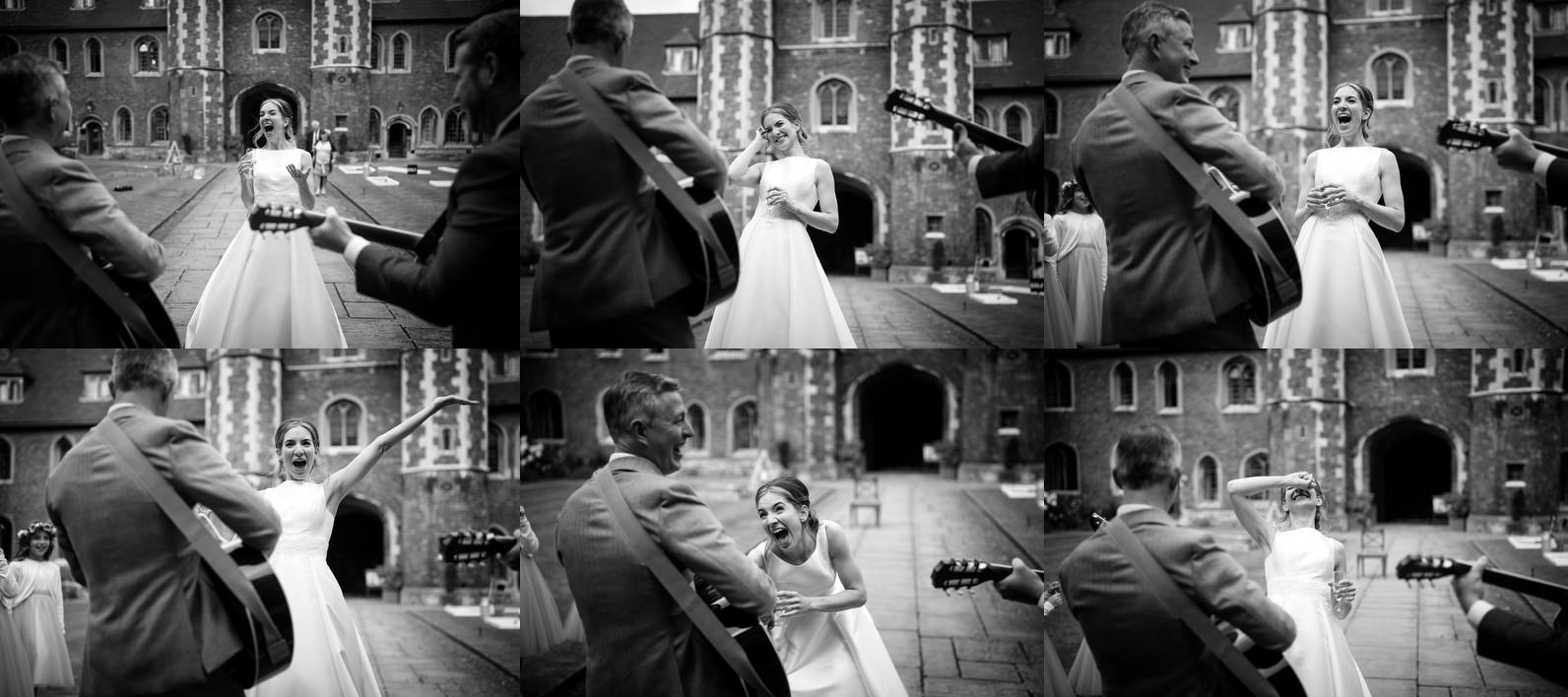 Groom sings for the bride before dinner at Cambridge University wedding