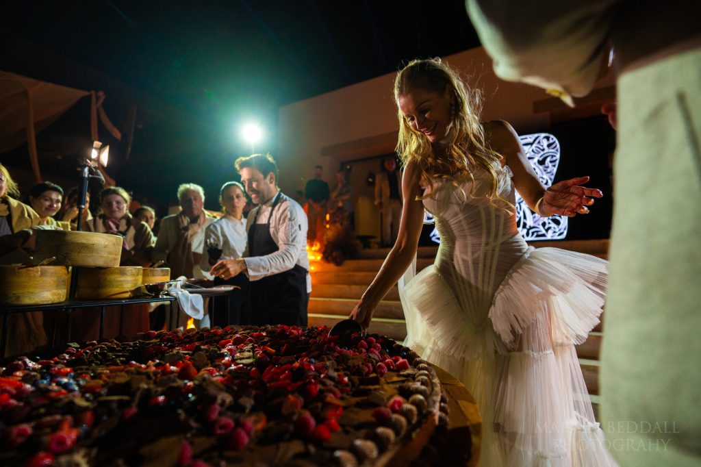 Large wedding cake at wedding in Greece