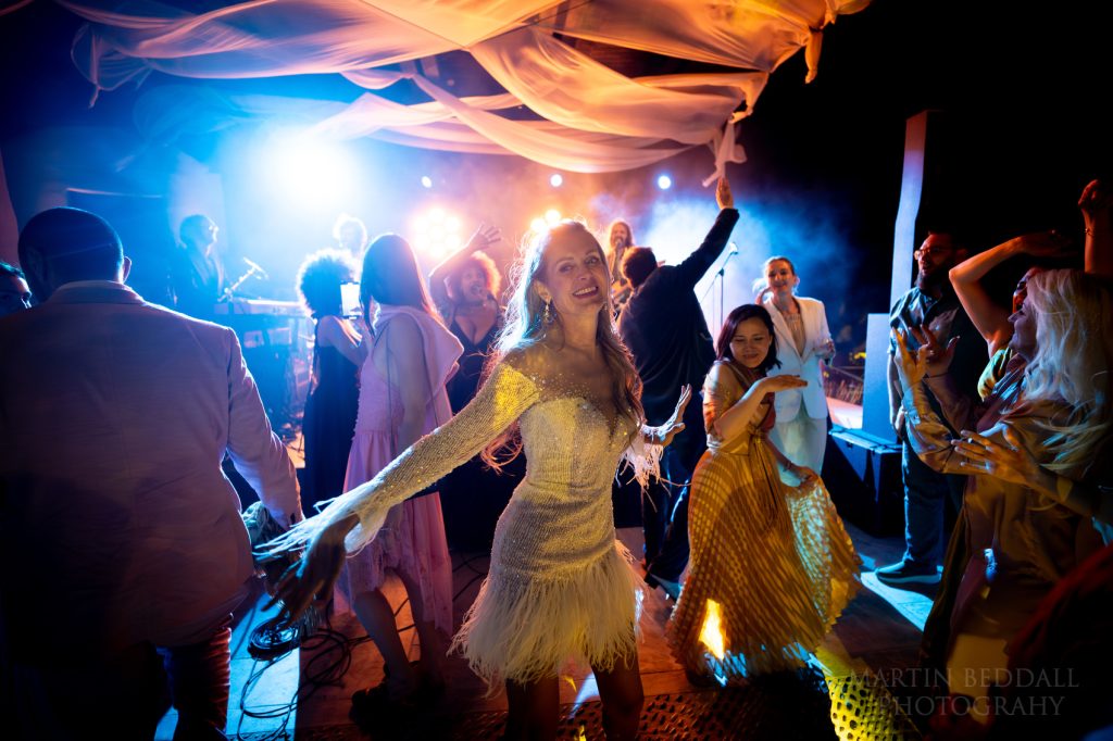 Bride on the dance floor at wedding in Greece
